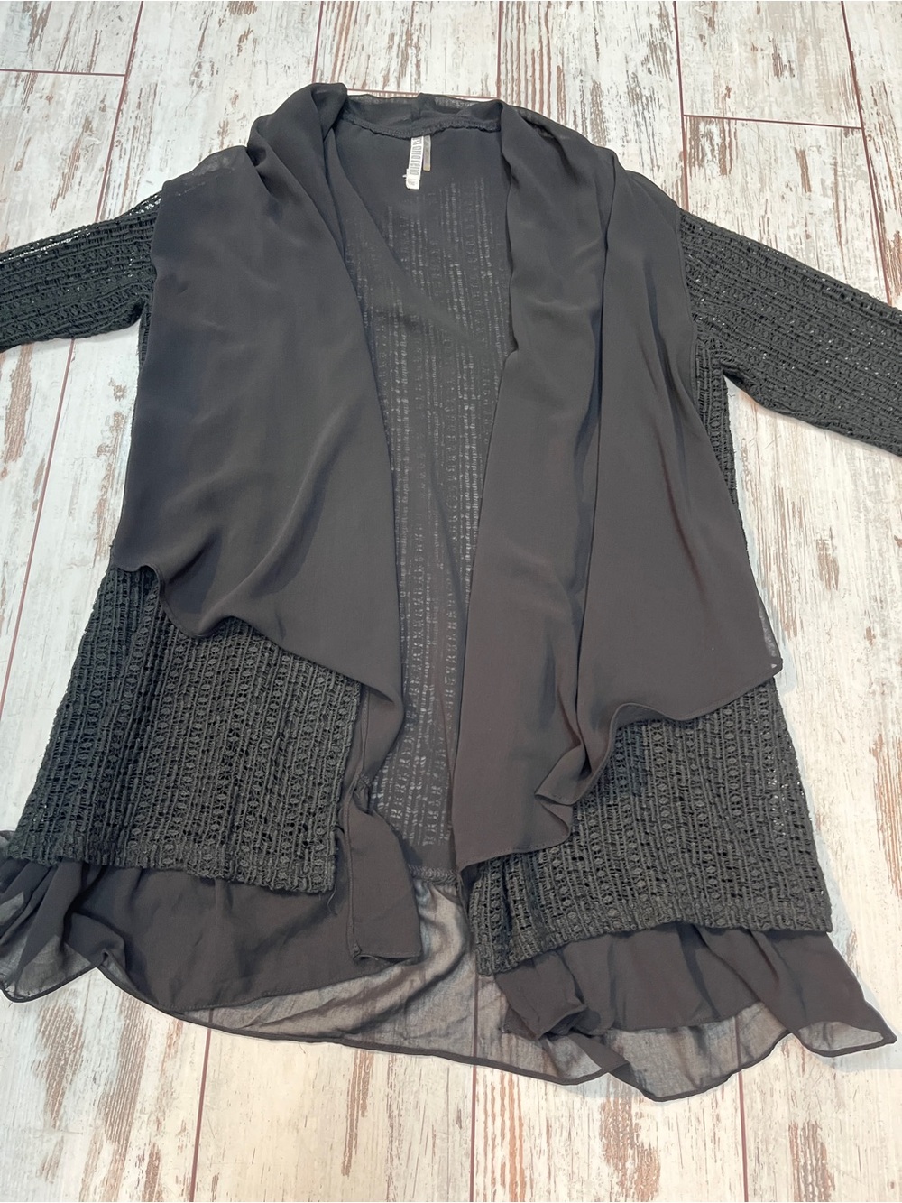 Monoreno Mixed Media Open Front Cardigan Womens Medium Black Crochet Chiffon - Picture 6 of 13